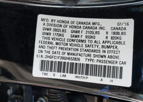 2016 Honda Civic Ex-T z USA, uszkodzony, nr VIN 2HGFC1F39GH652826